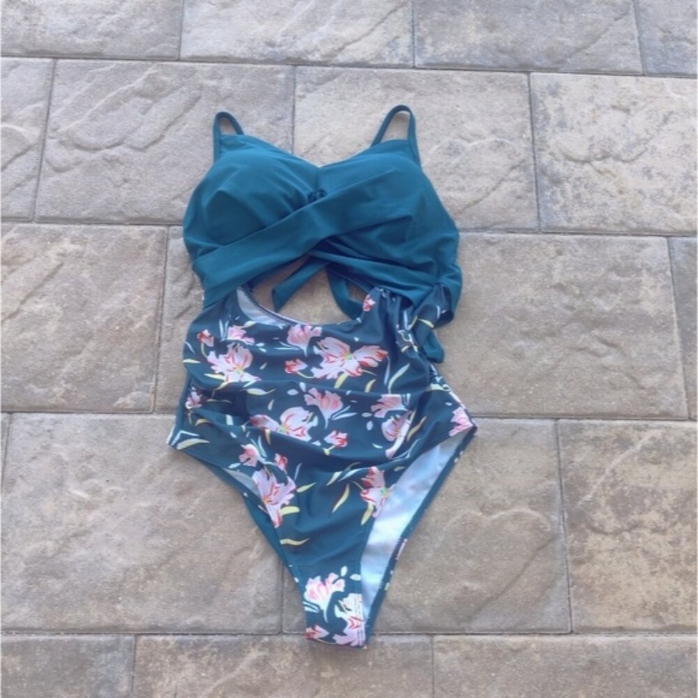Dark Teal Floral One Piece Swimsuit
